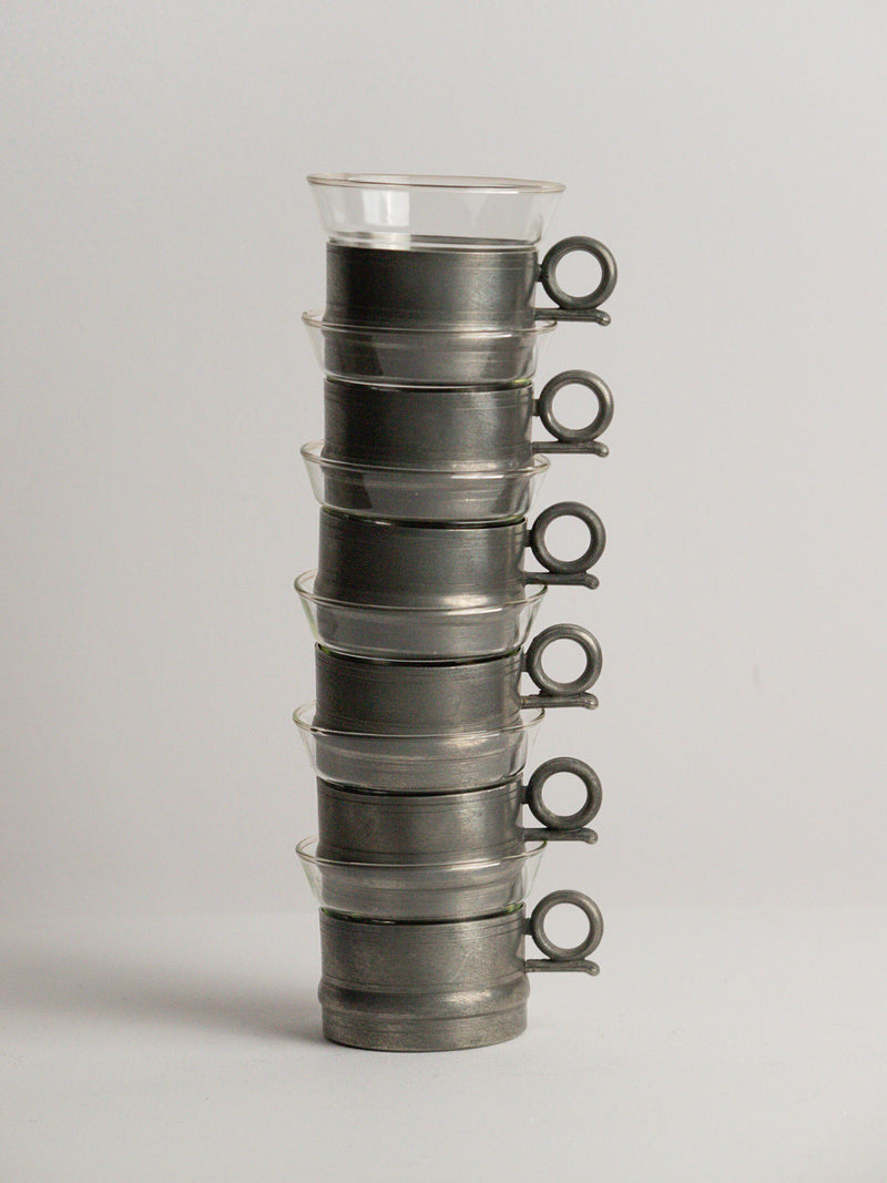 Set of Six Scandia Tenn Pewter Tea Glass Holders with Pressed Glass Inserts, Karlshamn, Sweden, 1977 — side angle