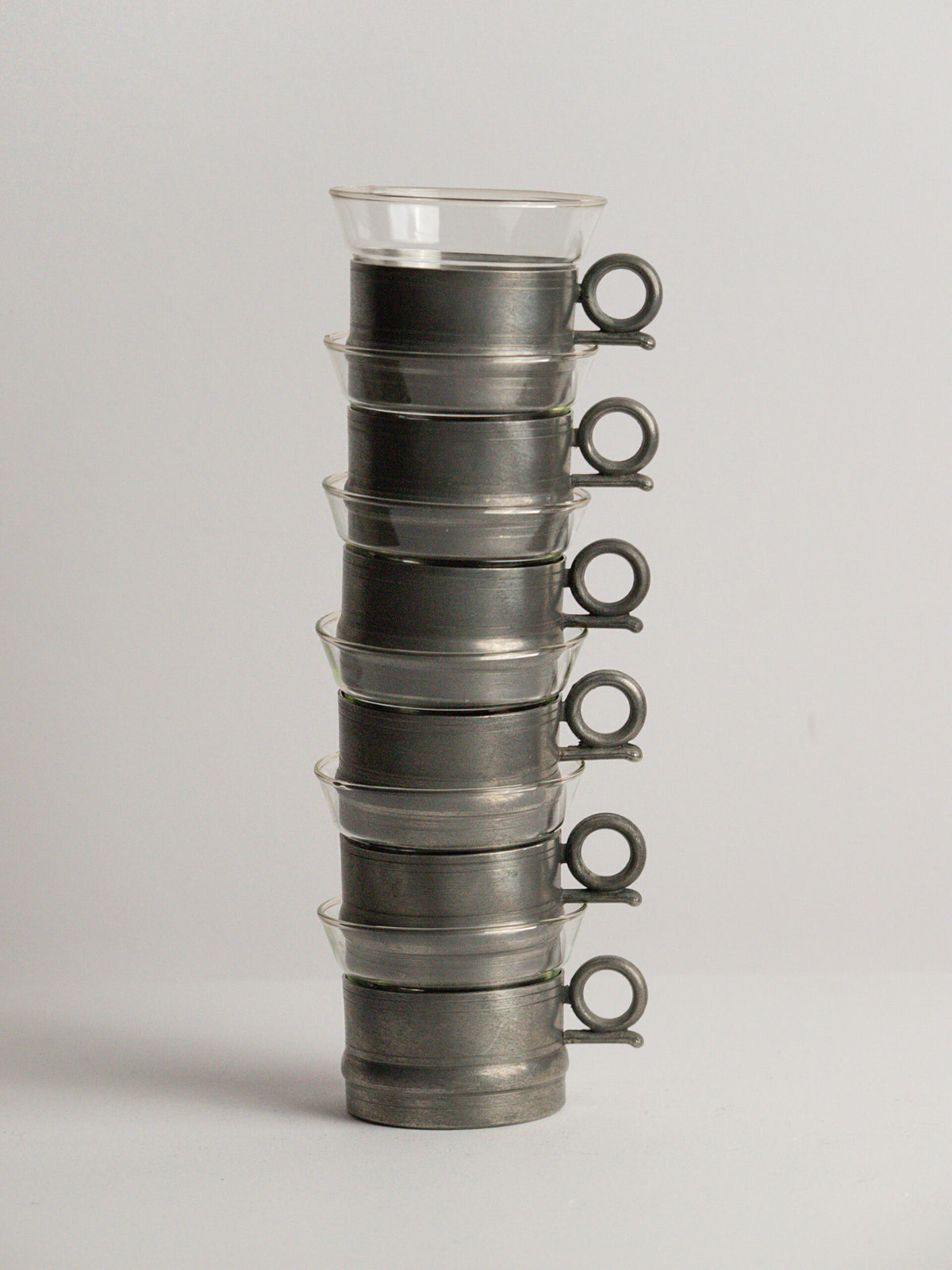 Set of Six Scandia Tenn Pewter Tea Glass Holders with Pressed Glass Inserts, Karlshamn, Sweden, 1977 — side angle