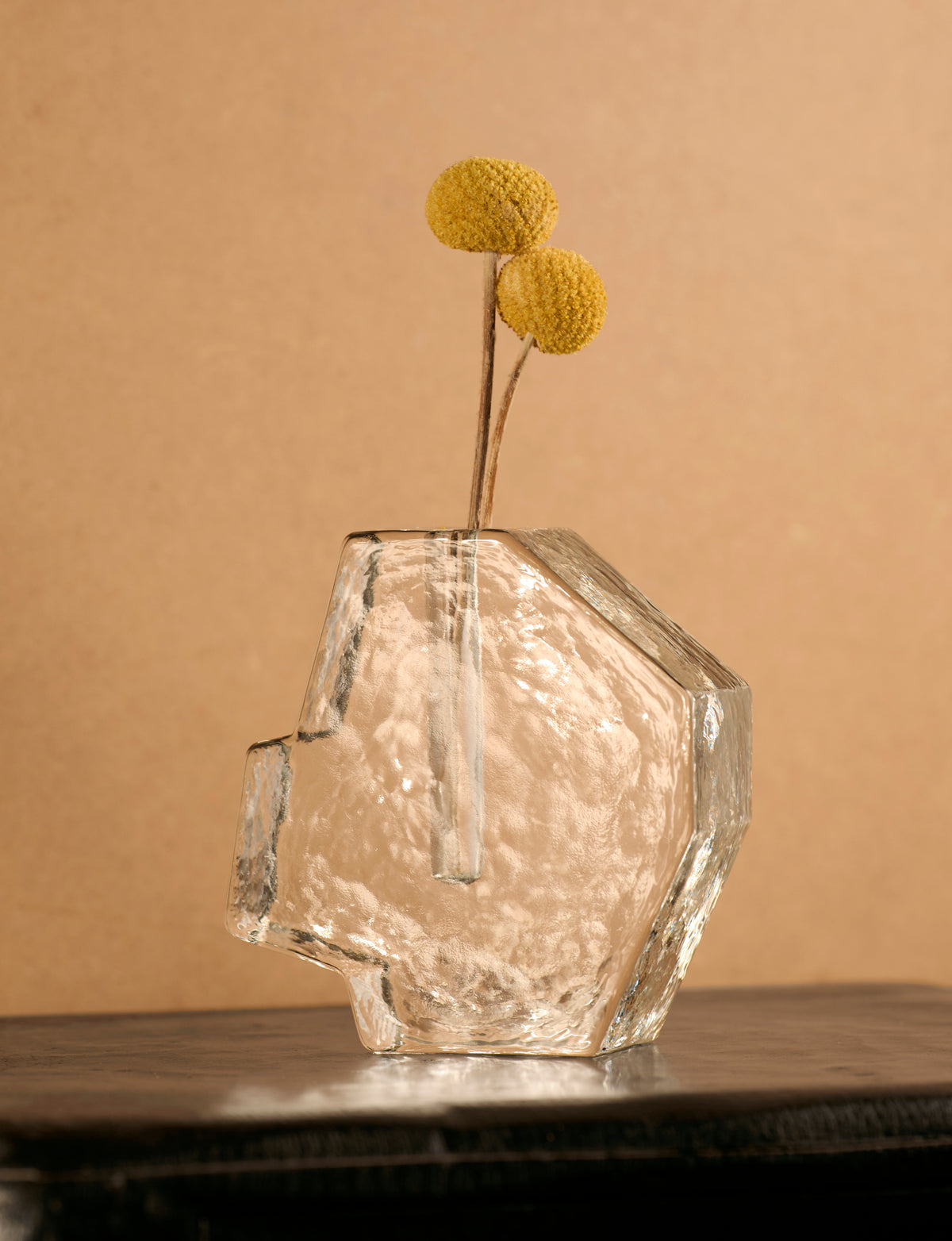 Vintage Scandinavian Clear Vase in Glass — top view with yellow flowers
