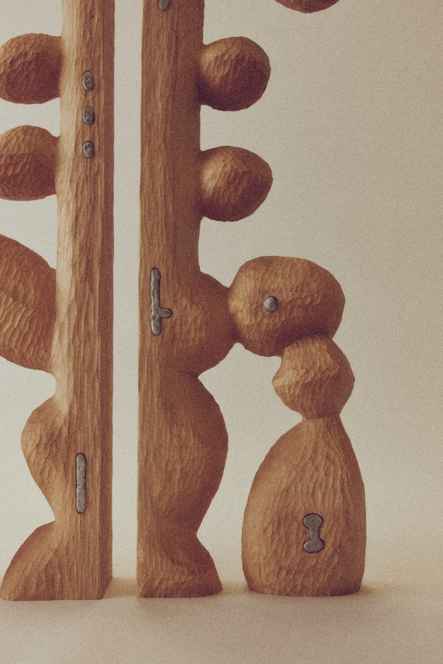 Close-up detail of carved oak wood sculpture Étude 31 by Karim Charlebois