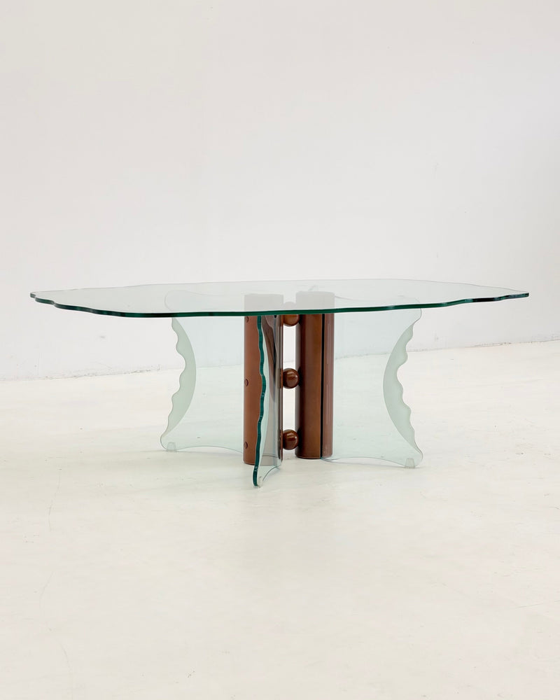 Vintage postmodern coffee table with corrugated glass and wooden spheres by Wintage | The Oblist