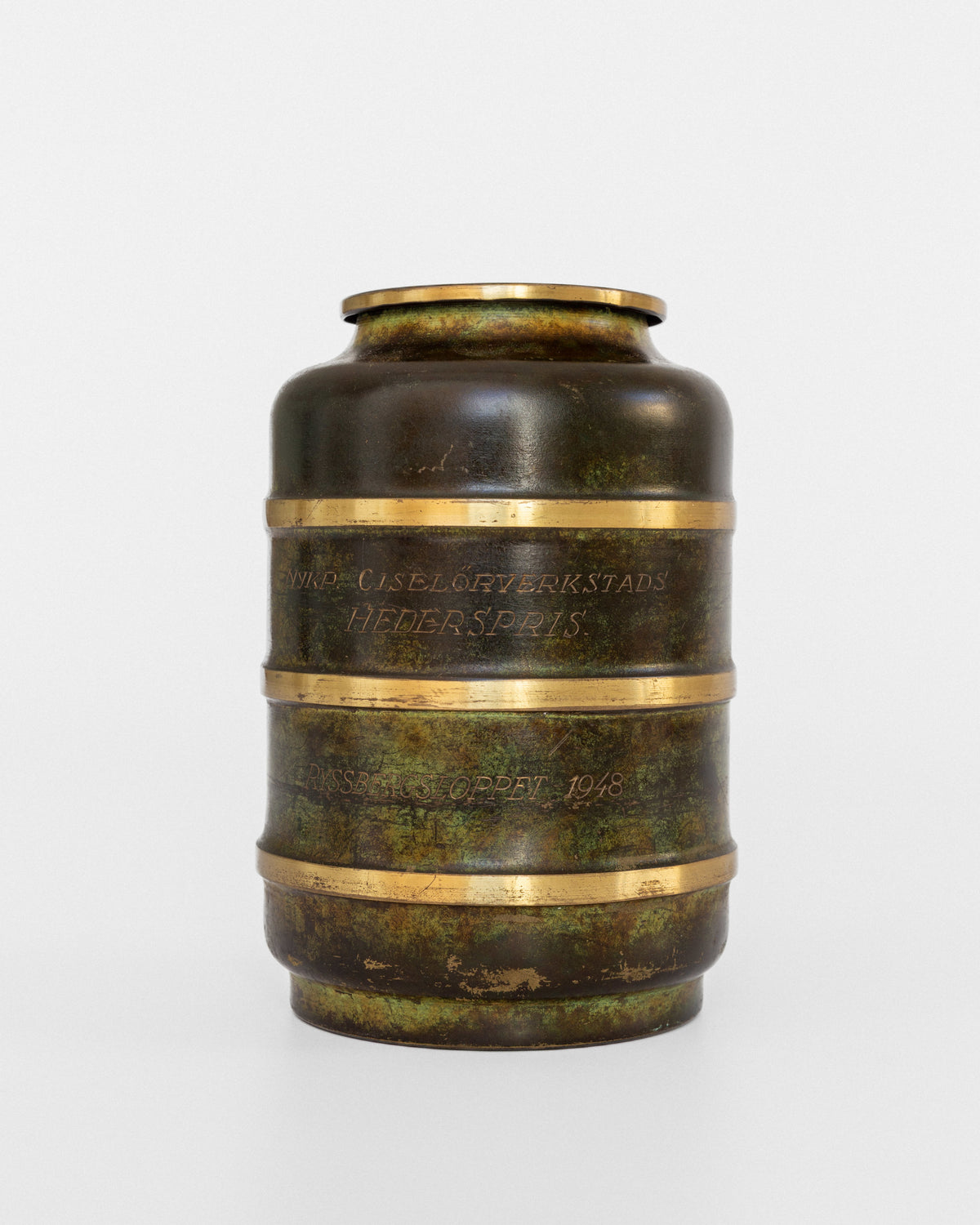 Bronze vase with brass bands and engraved text detail view