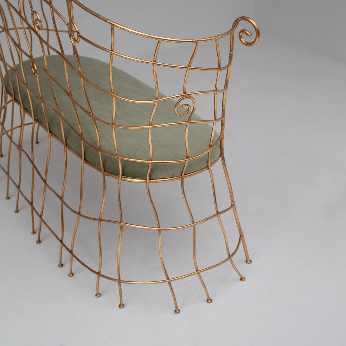 Sculptural Gilt Metal Bench with Green Upholstery — alternate view