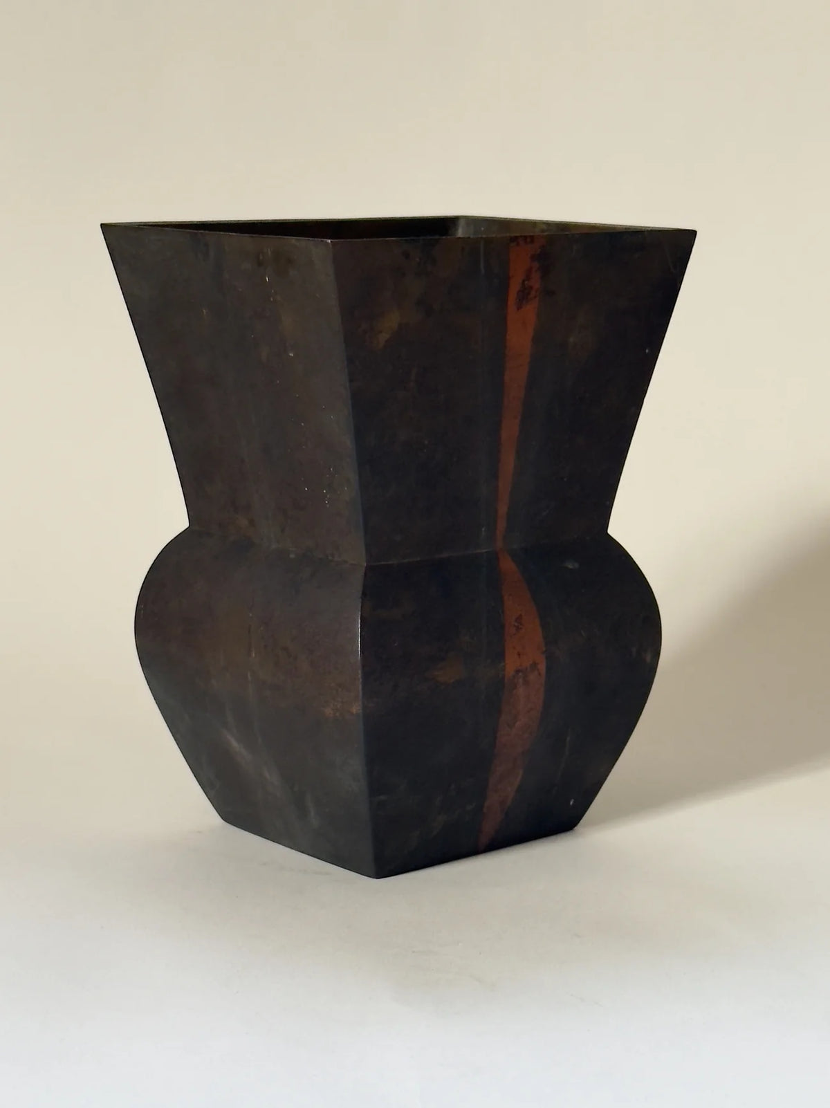 Geometric Japanese Bronze Vase, 1950s — angled view on neutral backdrop