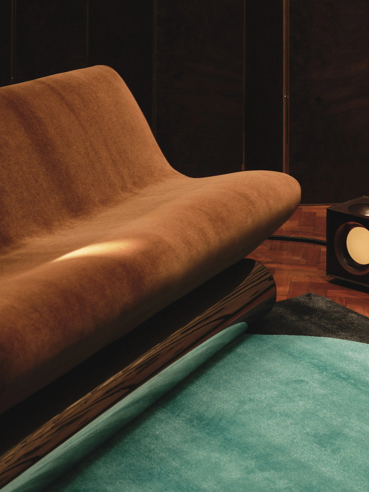 Contemporary Sofa in Tobacco Velvet and Chrome - Vanguard by Studio Brocky — side angle