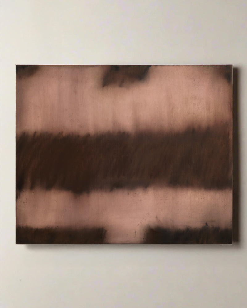 Bec Kirby’s Fever (ST446), 2025 Oil Painting features broad brown and black horizontal bands on a muted beige background, creating a soft, blurred effect. The rectangular abstract oil on canvas is displayed on a plain, light-colored wall.