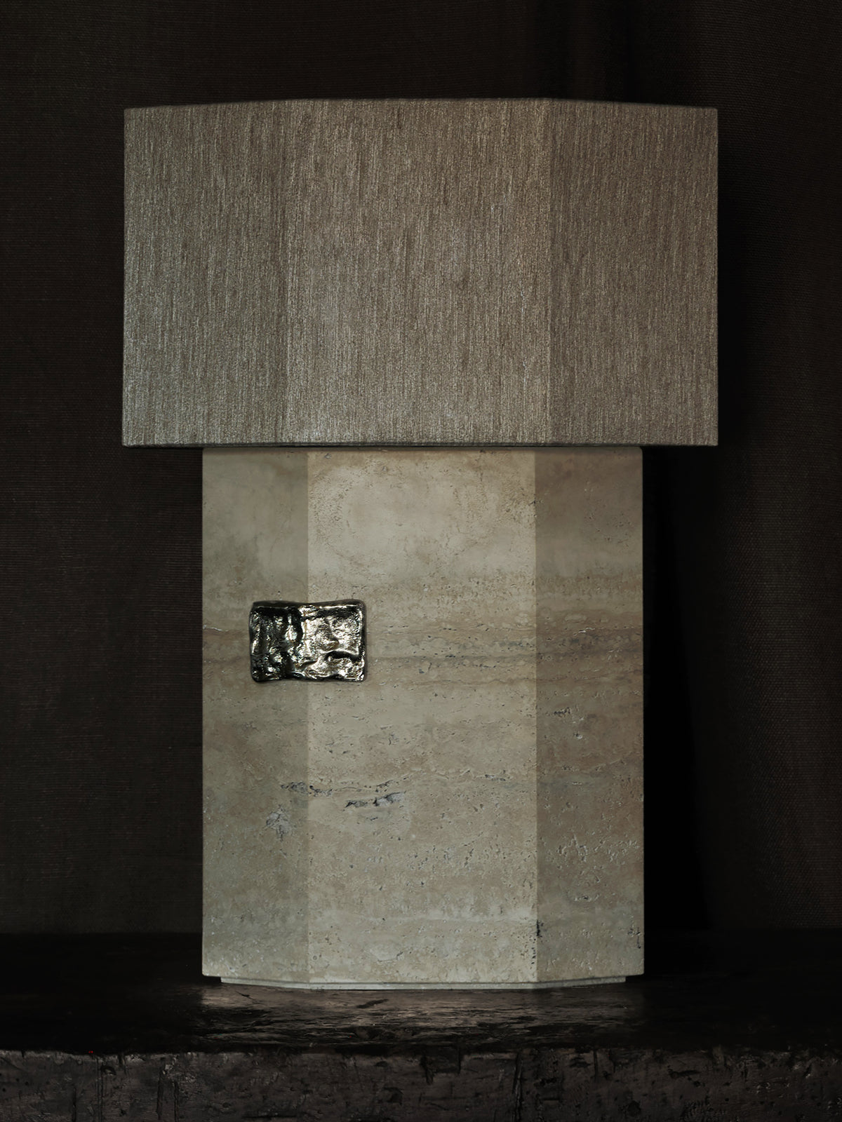 Ottavia travertine table lamp with textured gray shade detail
