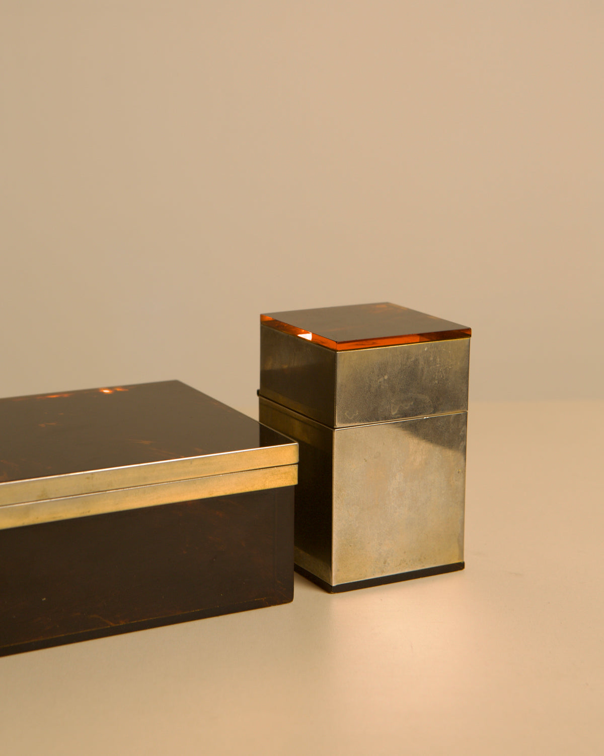 Italian Hollywood Regency box in faux tortoiseshell lacquer and brass with matching lighte — in context