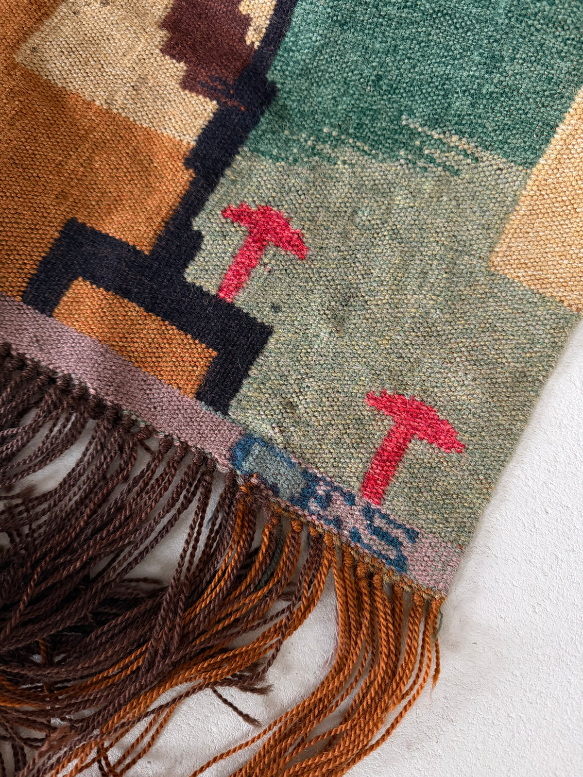 Carl Edvin Svensson Wool Wall Tapestry, Sweden, 1930s — top view showing colorful patterns and fringe