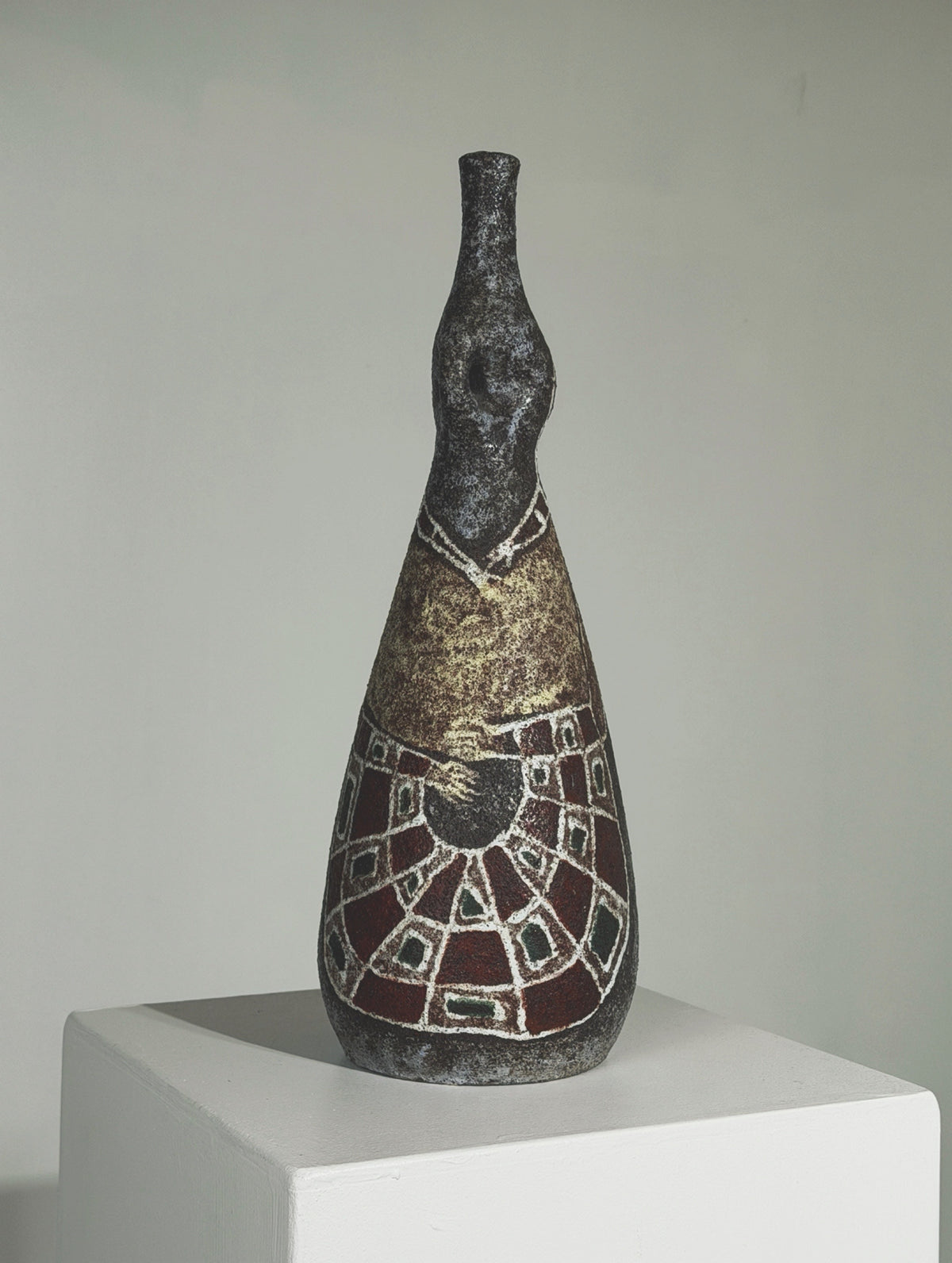 Rare bottle by the potters of Accolay, France, circa 1960 — angled view on white pedestal