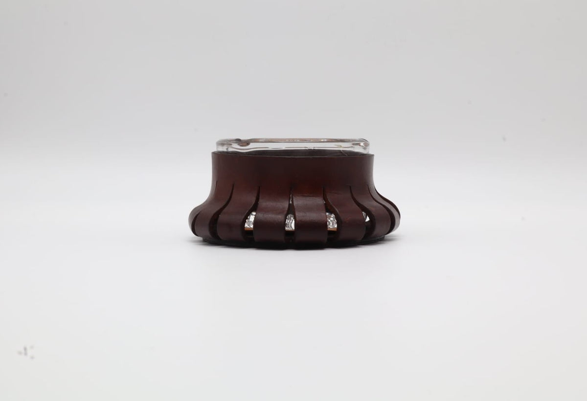 Mid-Century Sinuous Leather & Crystal Glass Ashtray – Italy, 1950s — detail view