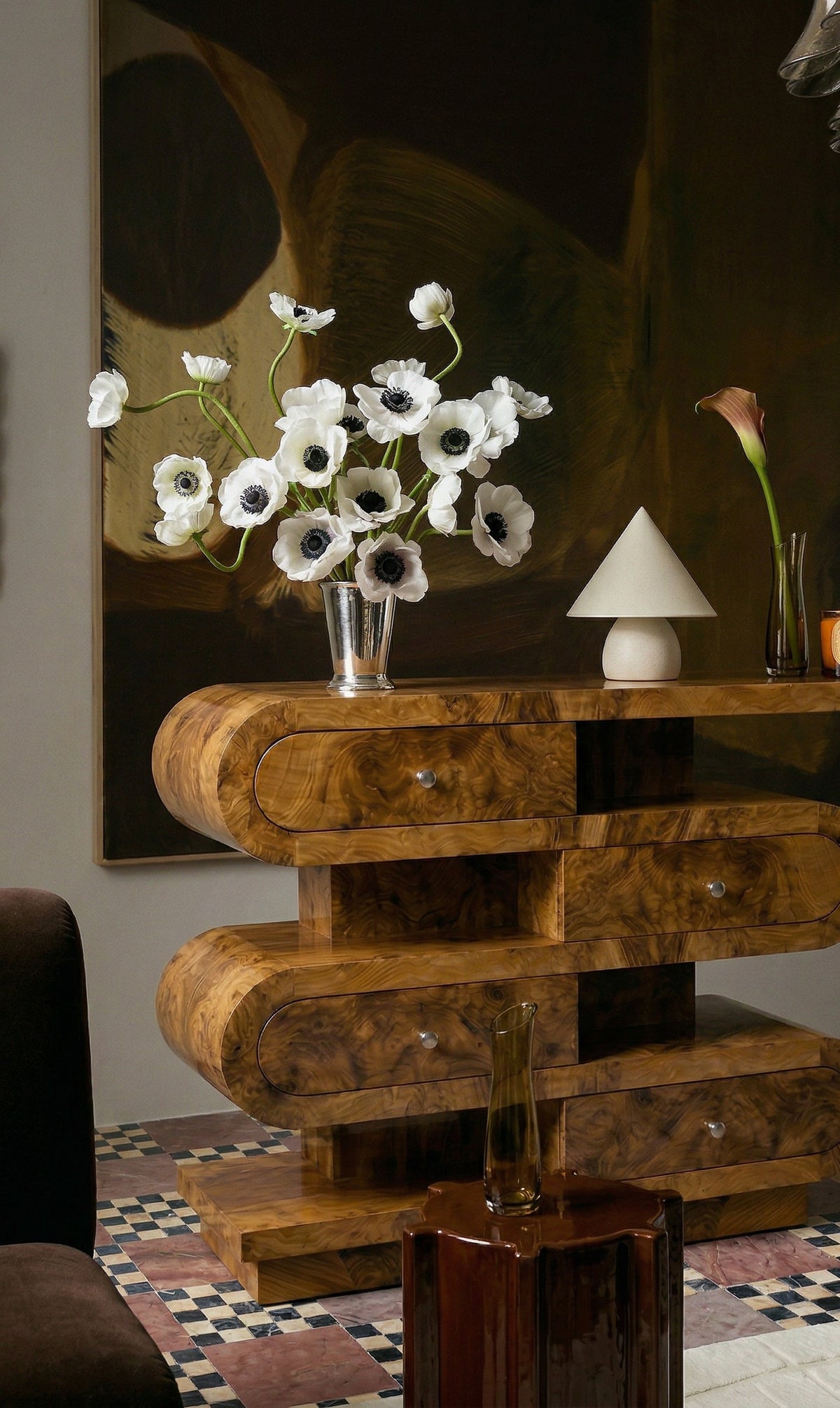 'Hebi Drawers' Olive Burl Wood Console — close-up