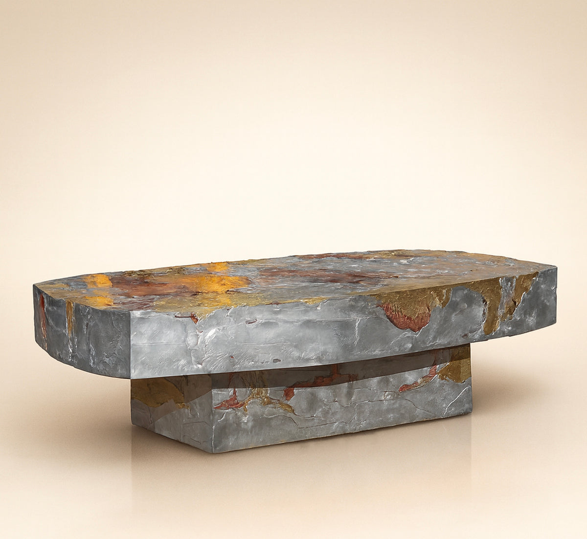 Elemental Patchwork stone coffee table with colorful mineral veins