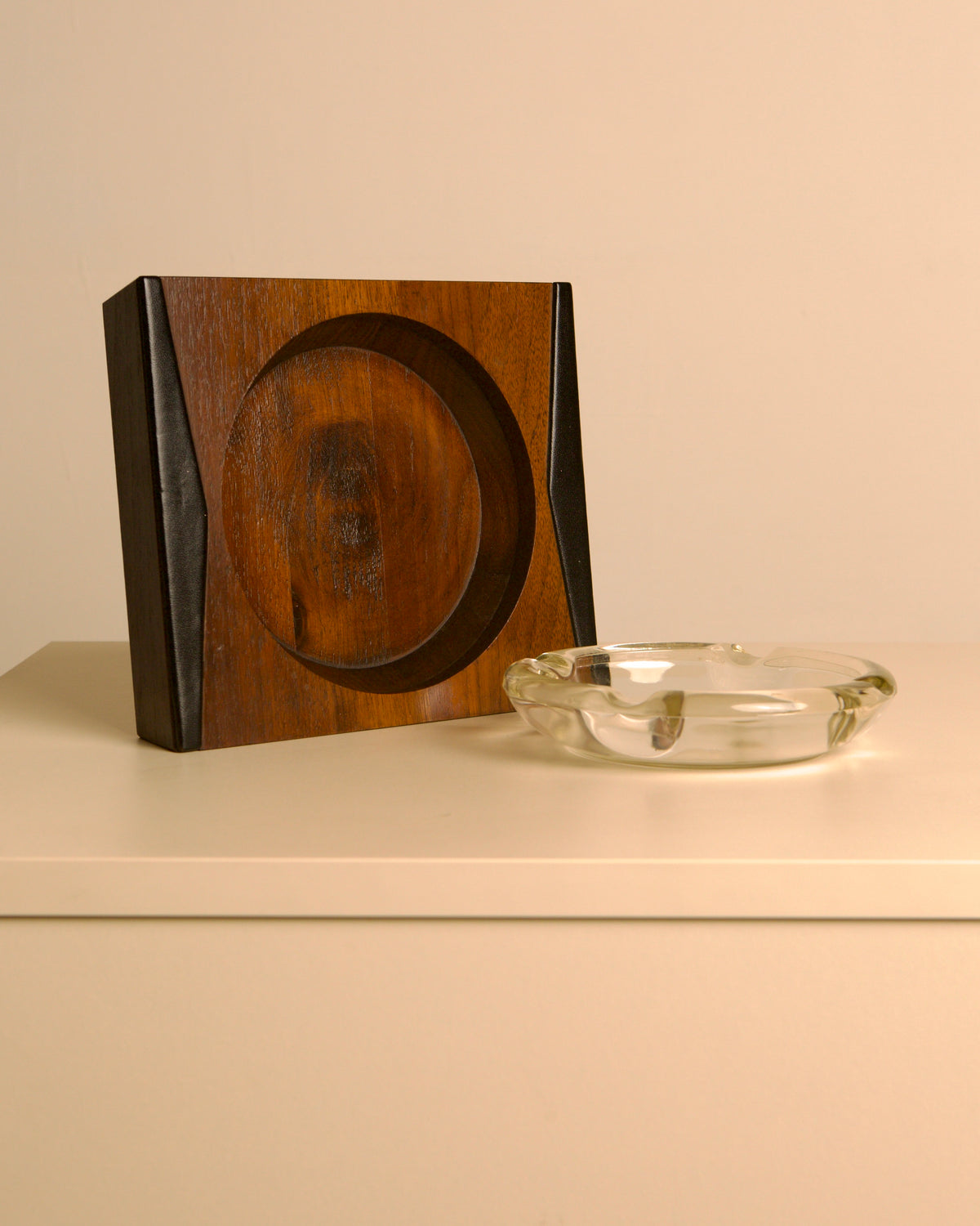 Italian solid wood and black leather ashtray, 1960s — lifestyle setting