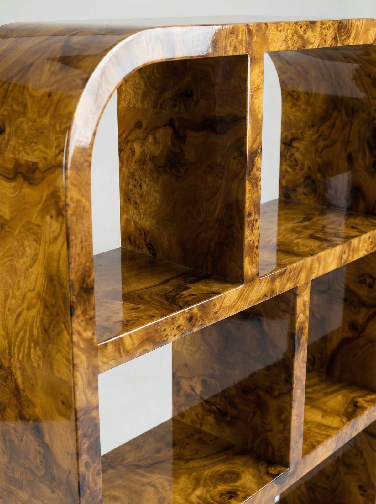 'Calisto' Olive Burl Bookcase — side angle