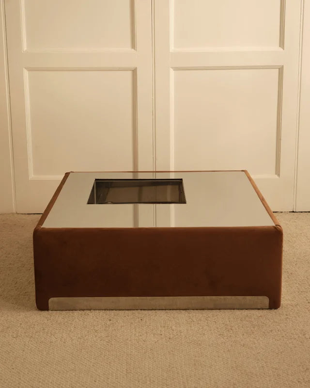 Italian coffee table 1970s, brown suede and smoked glass top