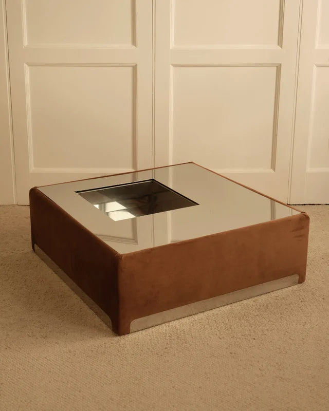 Italian coffee table 1970s suede leather and smoked glass top