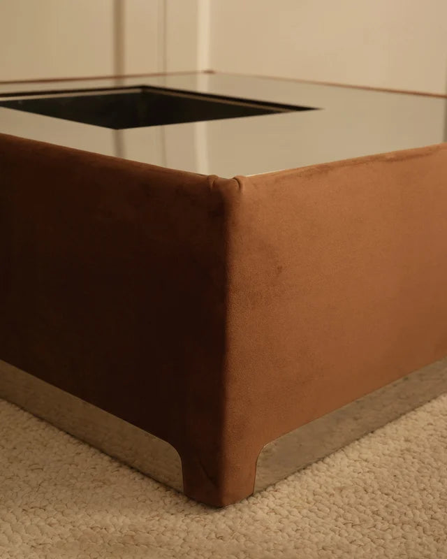 Corner detail of Italian 1970s coffee table, cognac velvet and smoked glass top