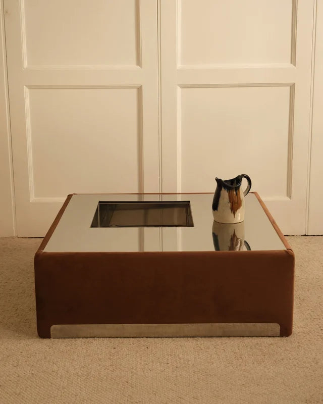 Italian 1970s coffee table, leather frame and smoked glass top