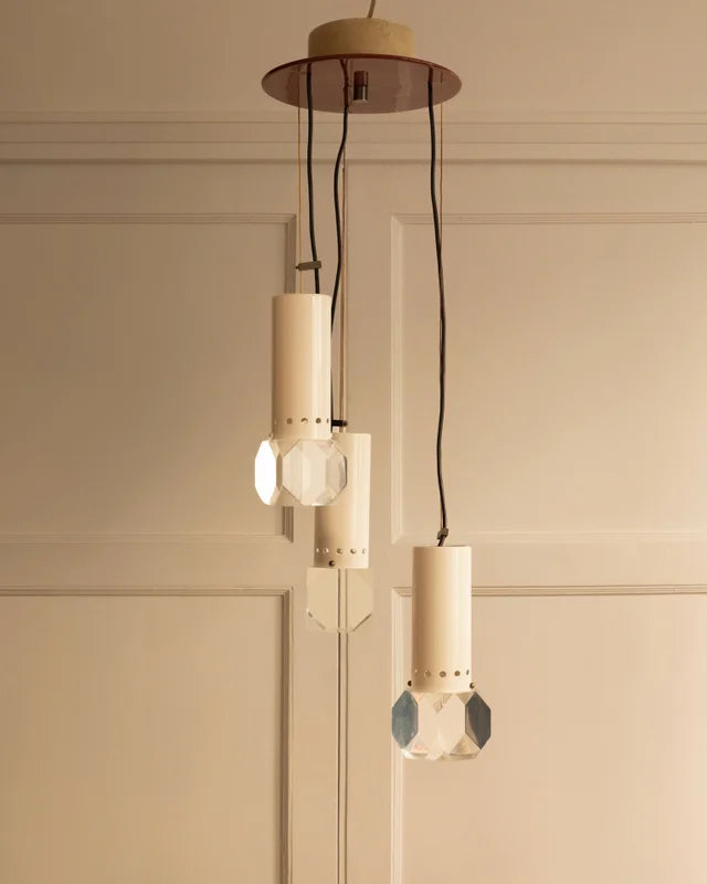 Italian pendant light 1970s with crystal prisms and ivory cylinders
