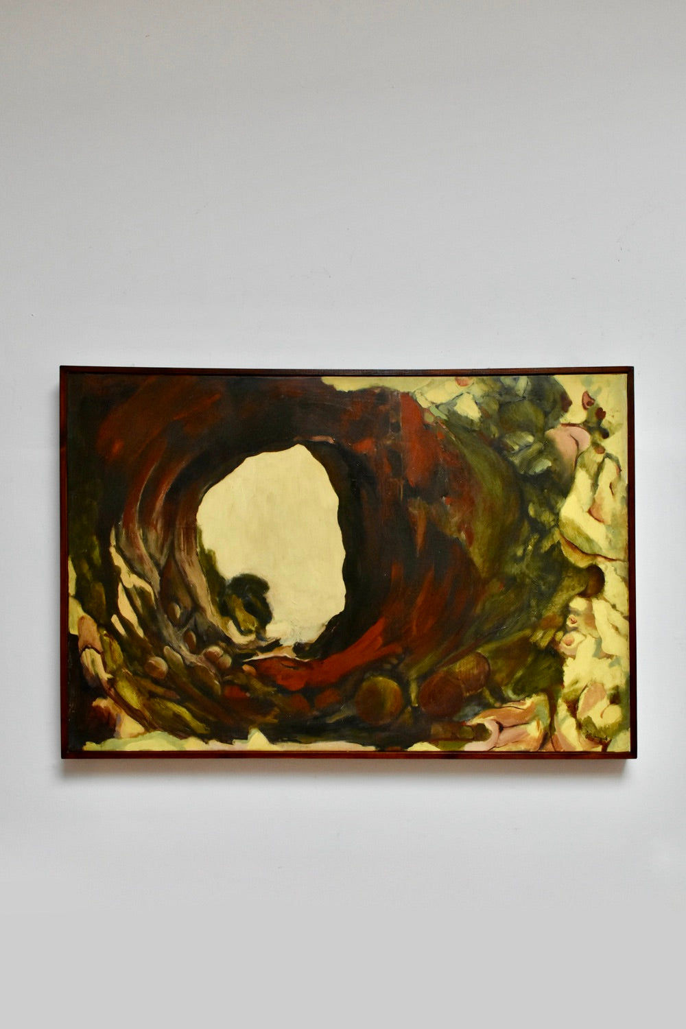 The Barracuda Interiors Oil on Canvas Composition Painting by Ja Janczuk (1970s) features abstract earthy swirls and a large pale tunnel-like form, displayed against a plain white wall.
