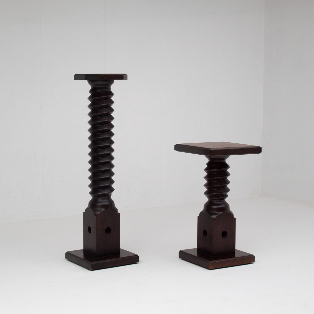 Vintage Wooden Pedestal Set in Stained Oak — side angle