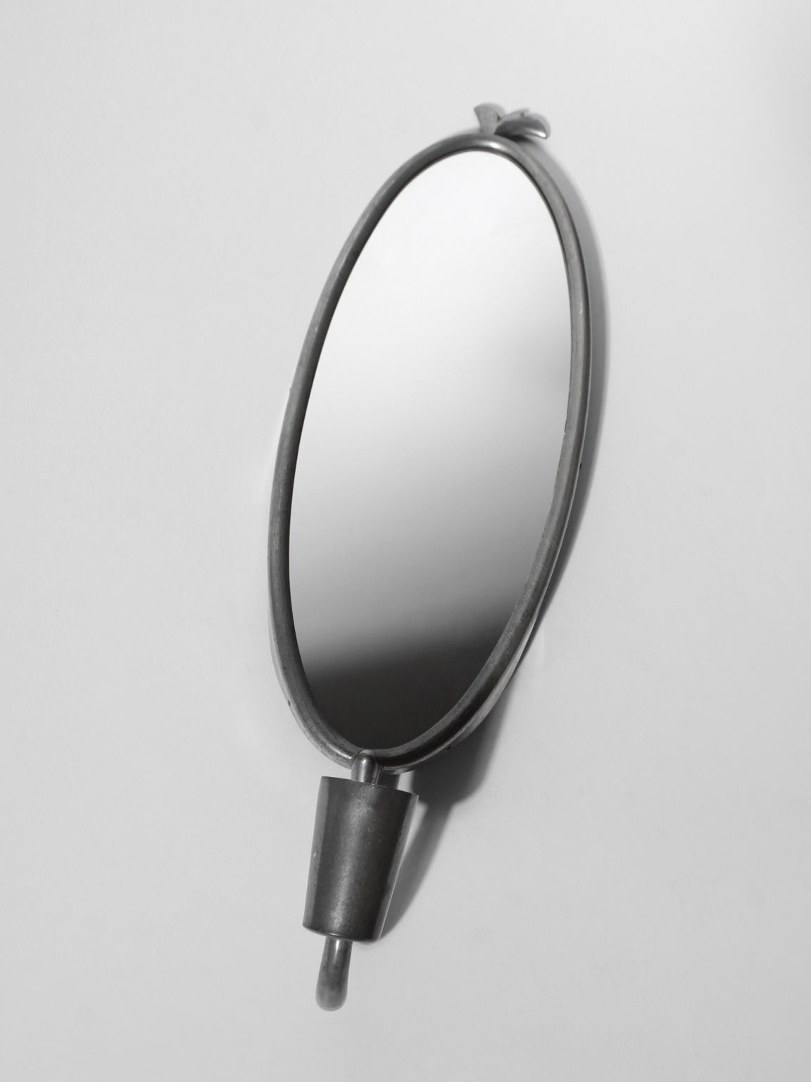 Art Deco Pewter Wall Mirror-Candle Holder, 1930s, Sweden — close-up of oval pewter frame
