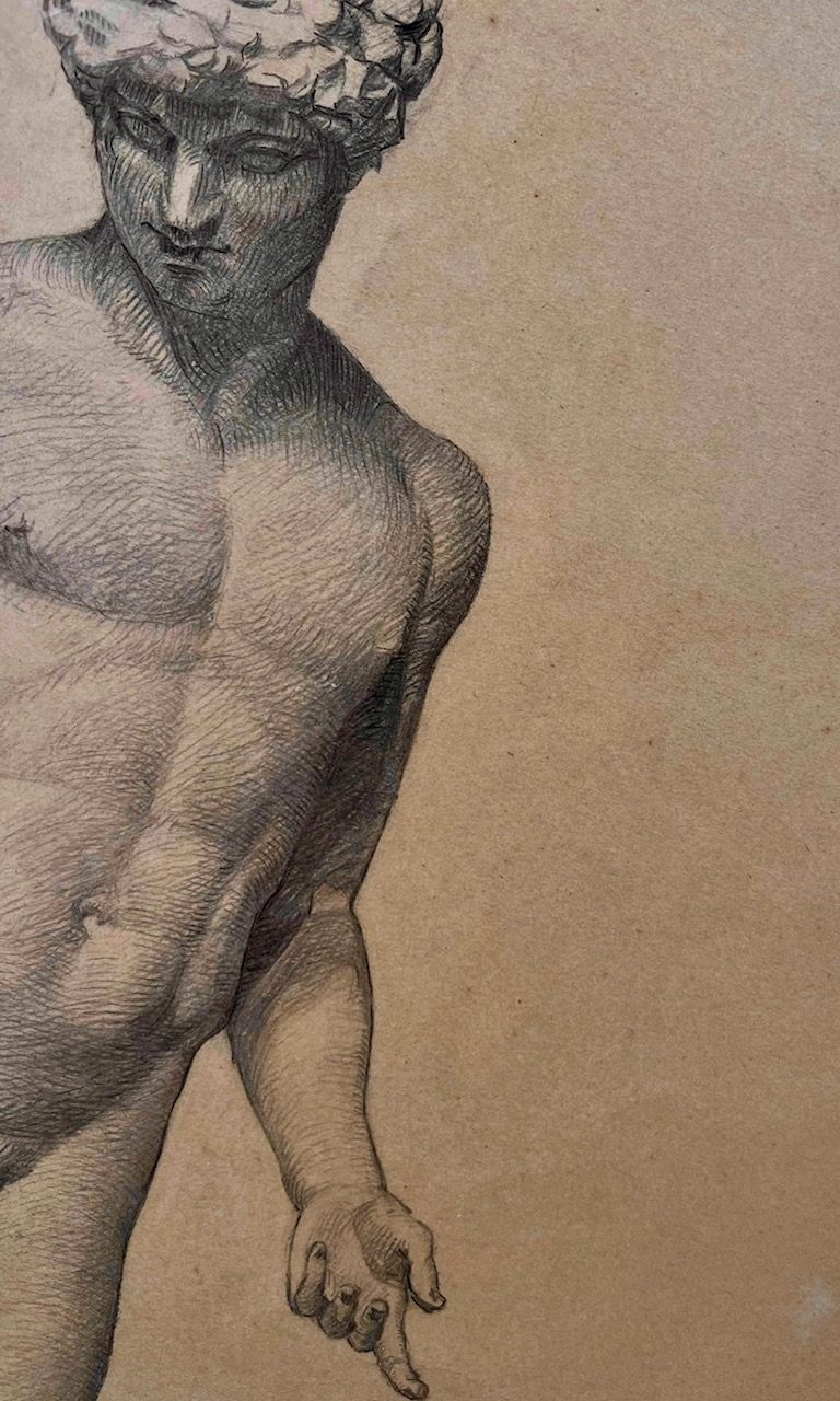 Figure Drawing in Pencil, Male Nude — side angle showing detailed torso and hand