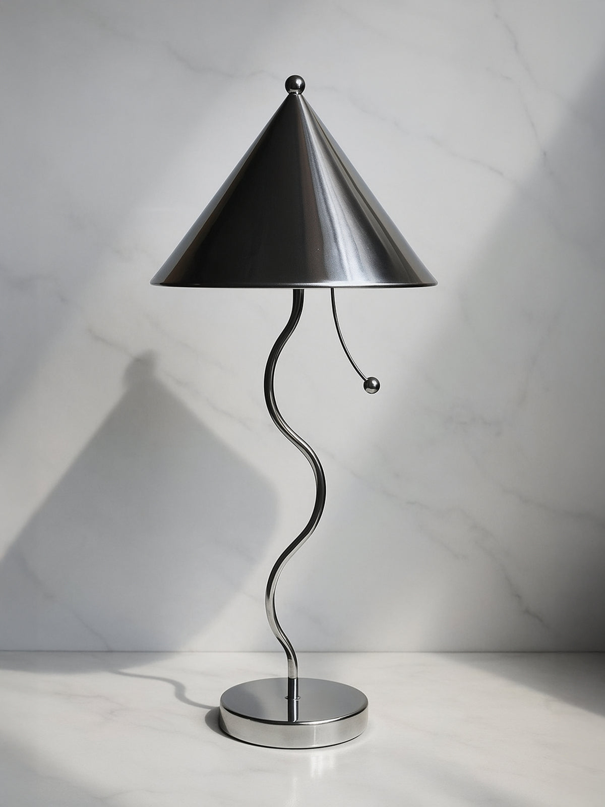 Postmodern chrome table lamp with conical shade and wavy stem