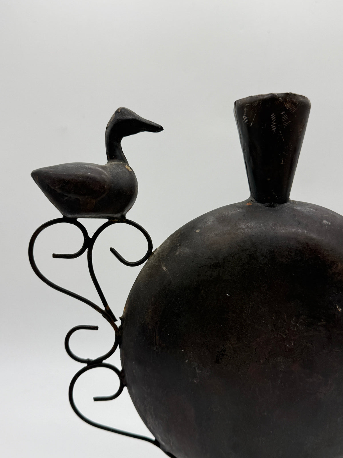 Bird-Motif Wrought Metal Vase, Handcrafted, 1960s — alternate view