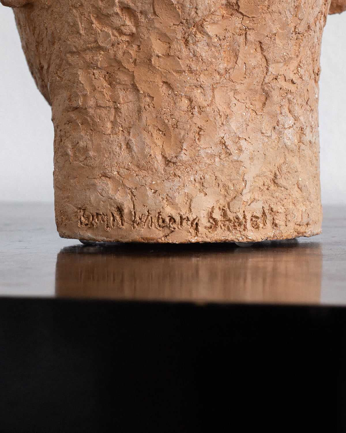 Mid Century Terracotta Sculpture by Birgit Wiberg-Stefelt, Sweden, 1950s — close-up of textured terracotta base with signatur