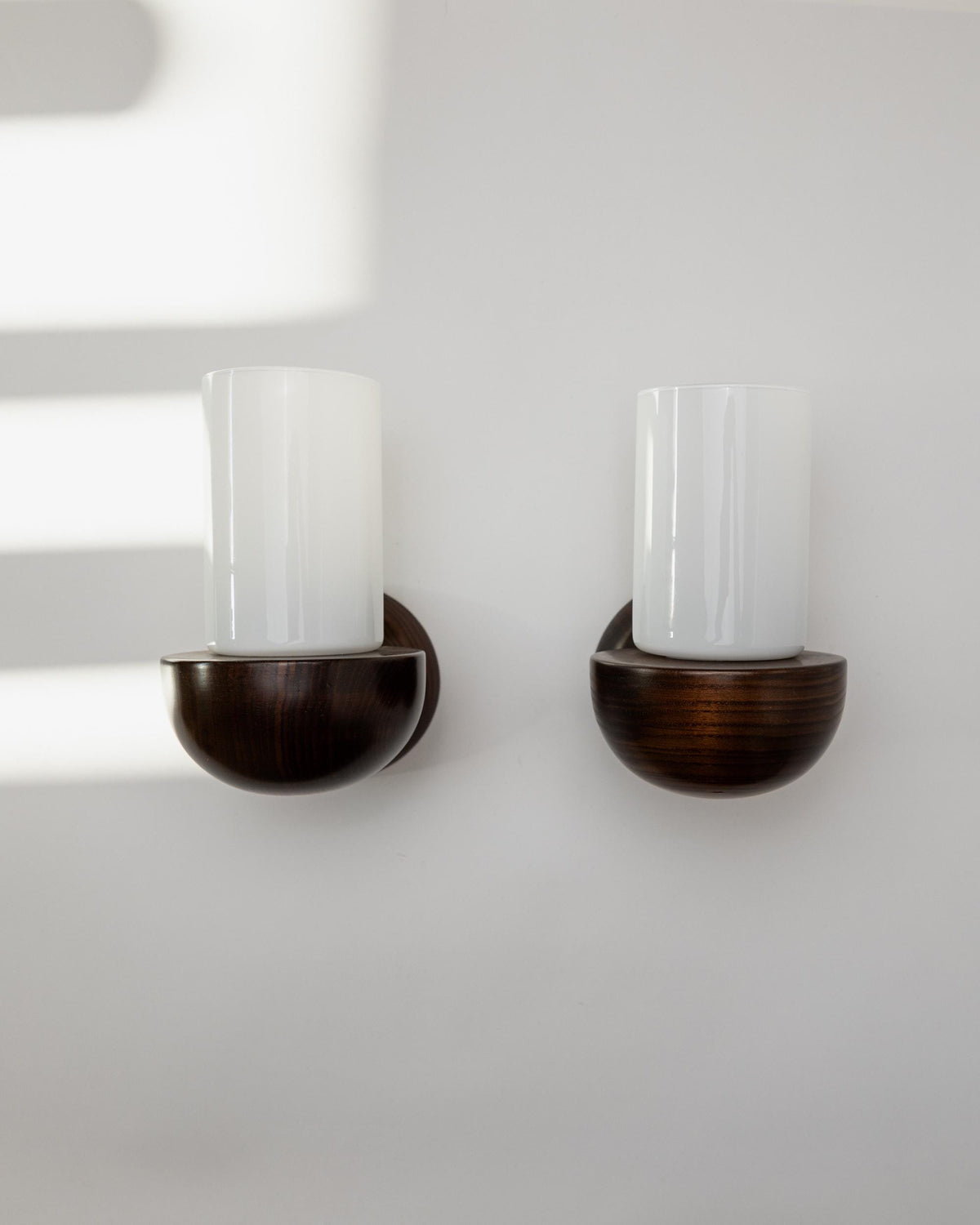 Vintage 1960s Wall Lamps Set of 2, Dark Wood with White Glass Shades, Mid Century Modern Lighting, Sculptural Wall Sconces — view 12