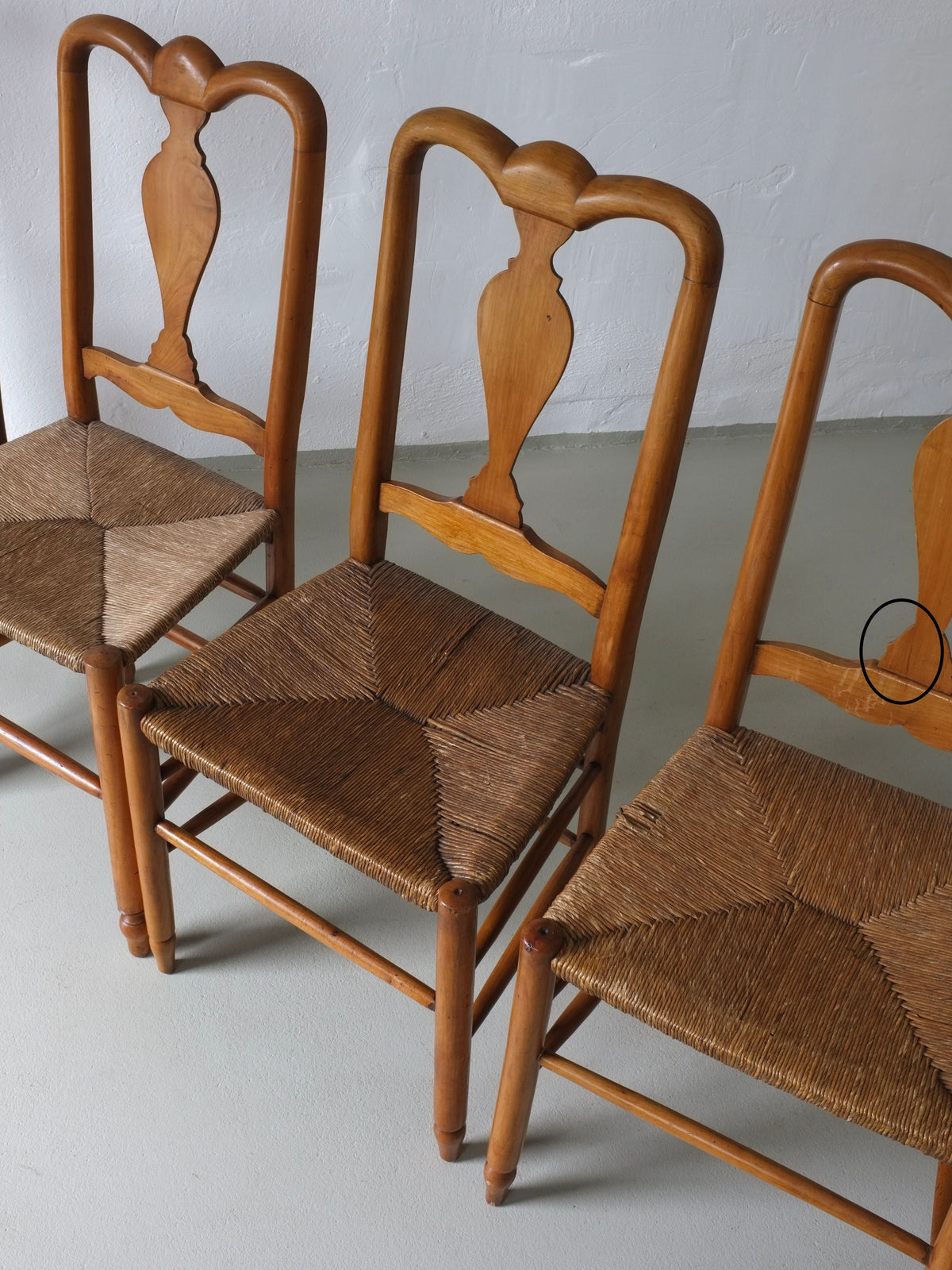 Rustic Rush Seat Chairs, Belgium 1940s — angled view showing woven seats and wooden frames