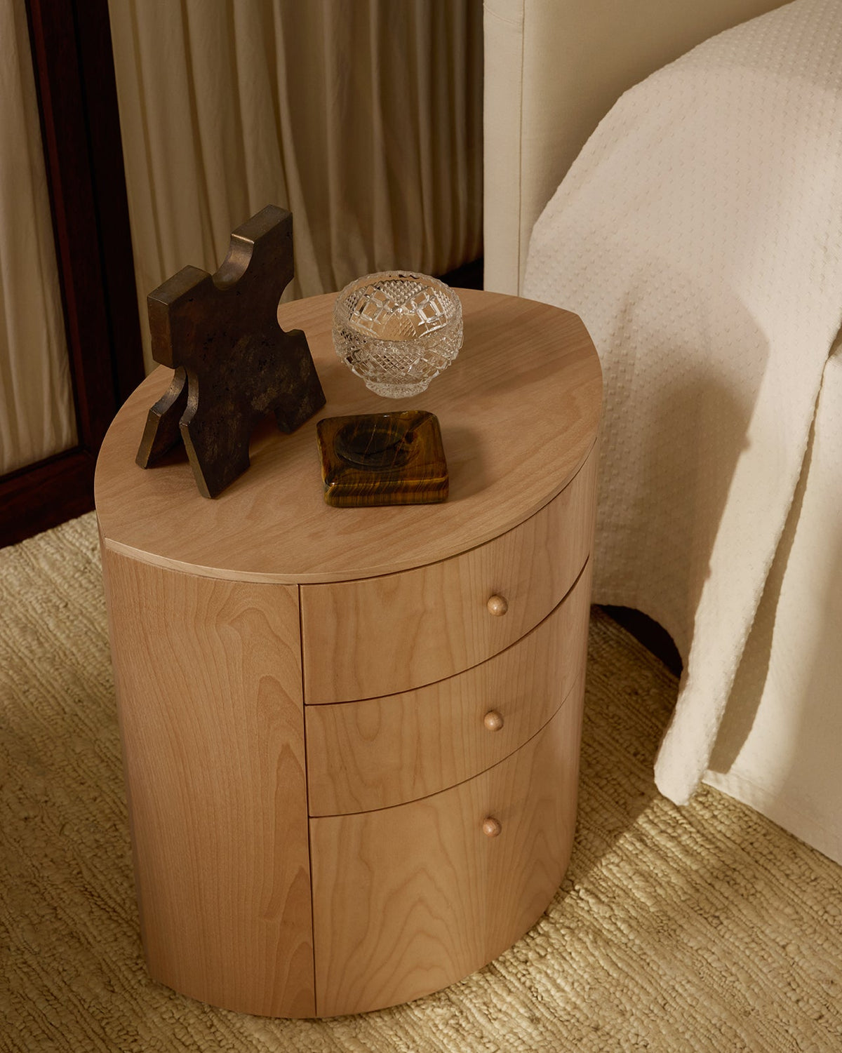 Observer cylindrical nightstand in natural birch with three drawers