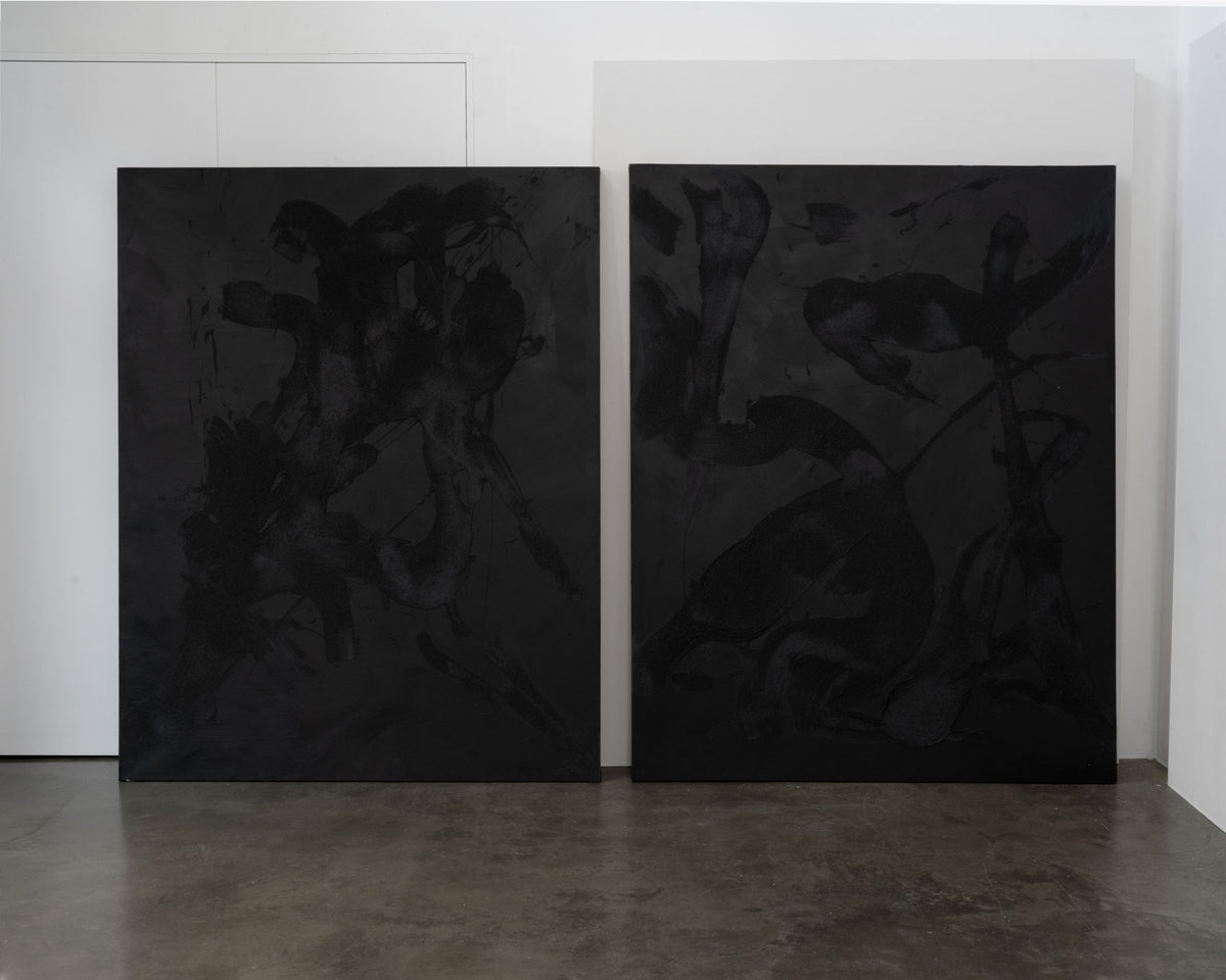 Two dark abstract paintings with gestural brushstrokes displayed on white gallery wall