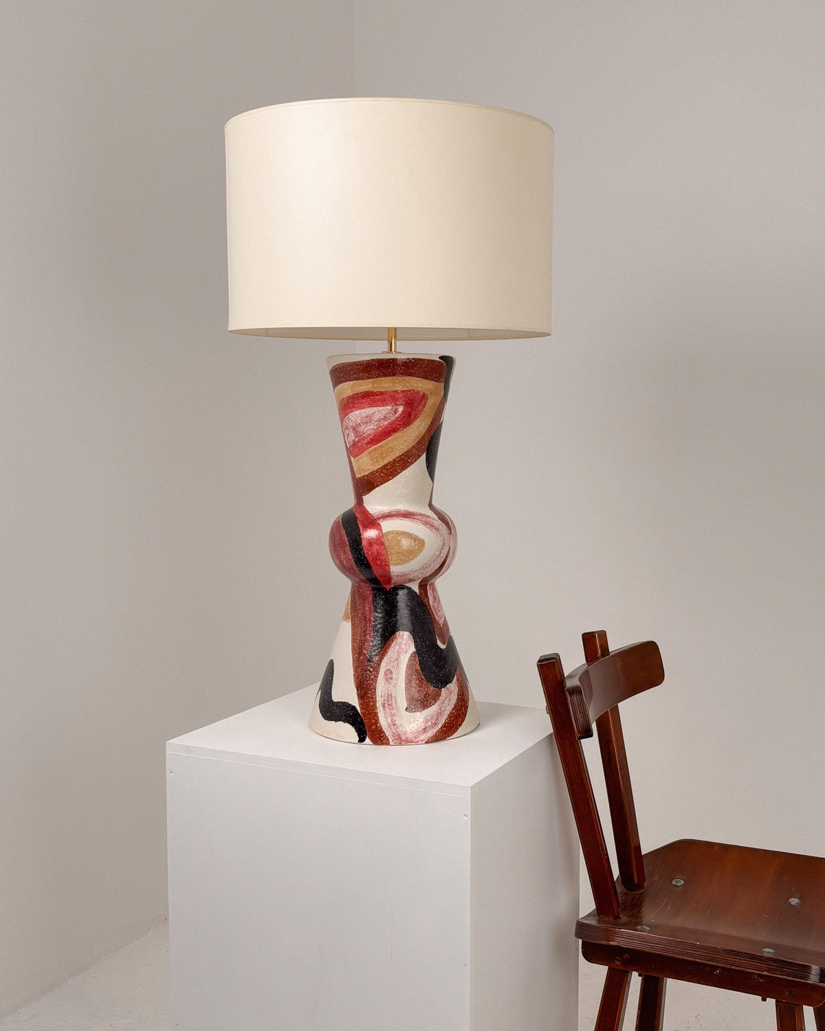 Large ceramic table lamp with abstract swirl patterns, signed HO 1960s