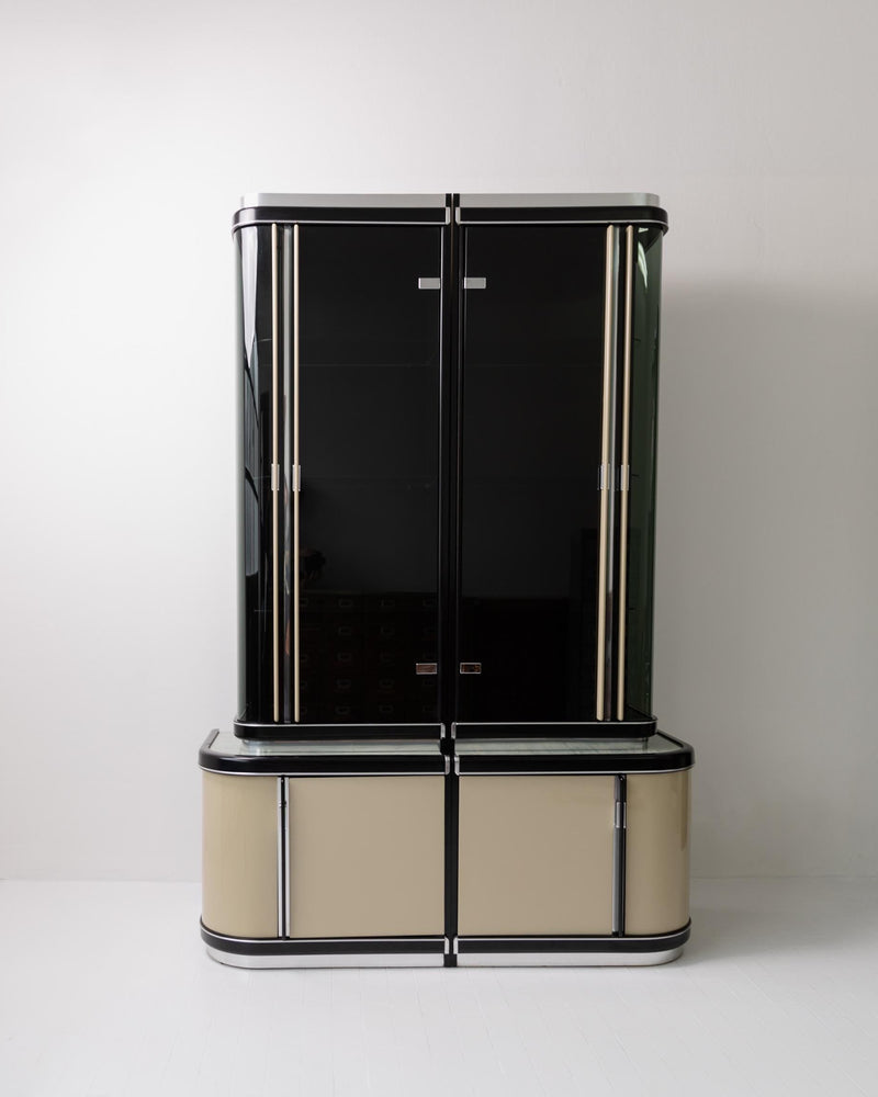 1950s Art Deco Bar Cabinet in Lacquered Wood by Bottega Jacobs | The Oblist — black and beige lacquer finish