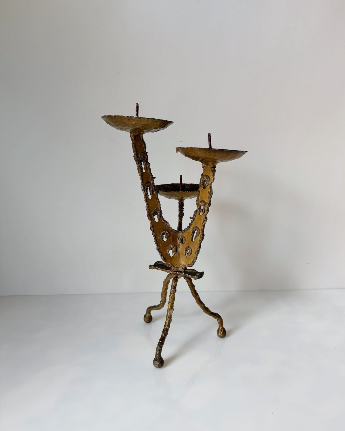 Vintage brutalist torched metal candleholder with three arms Poland