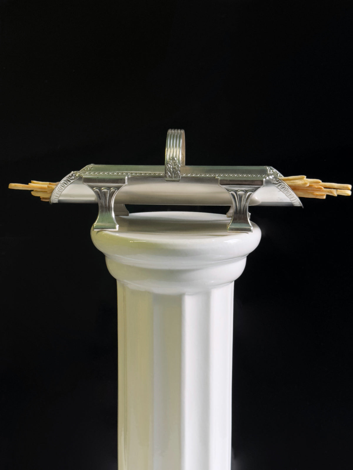Italian Art Deco grissini holder on marble column pedestal view