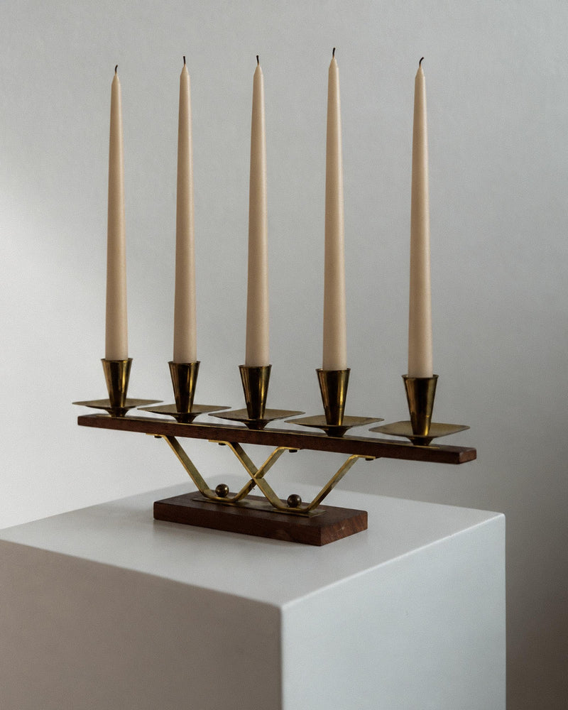 Vintage 1970s Candle Holder, Wood and Brass Candelabra for 5 Candles, Classic Mid Century Modern Design, Table Decor, Elegant Gift Idea by Bottega Jacobs