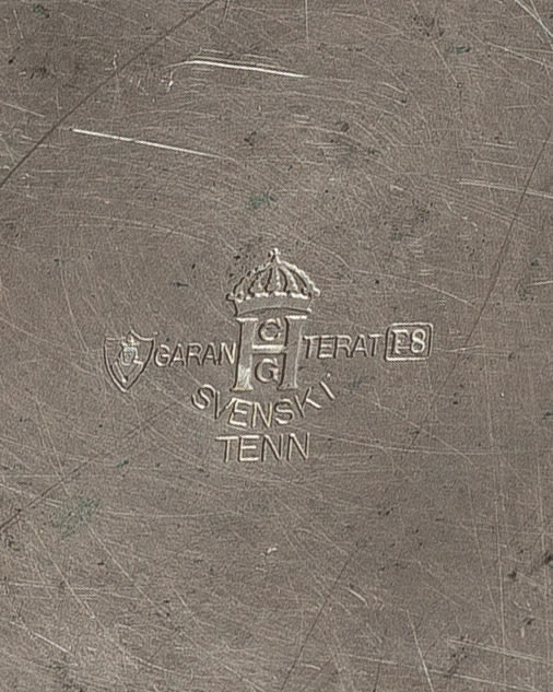Art Deco Pewter Bowl by Sylvia Stave, Sweden, 1932 — close-up of maker's mark on pewter surface