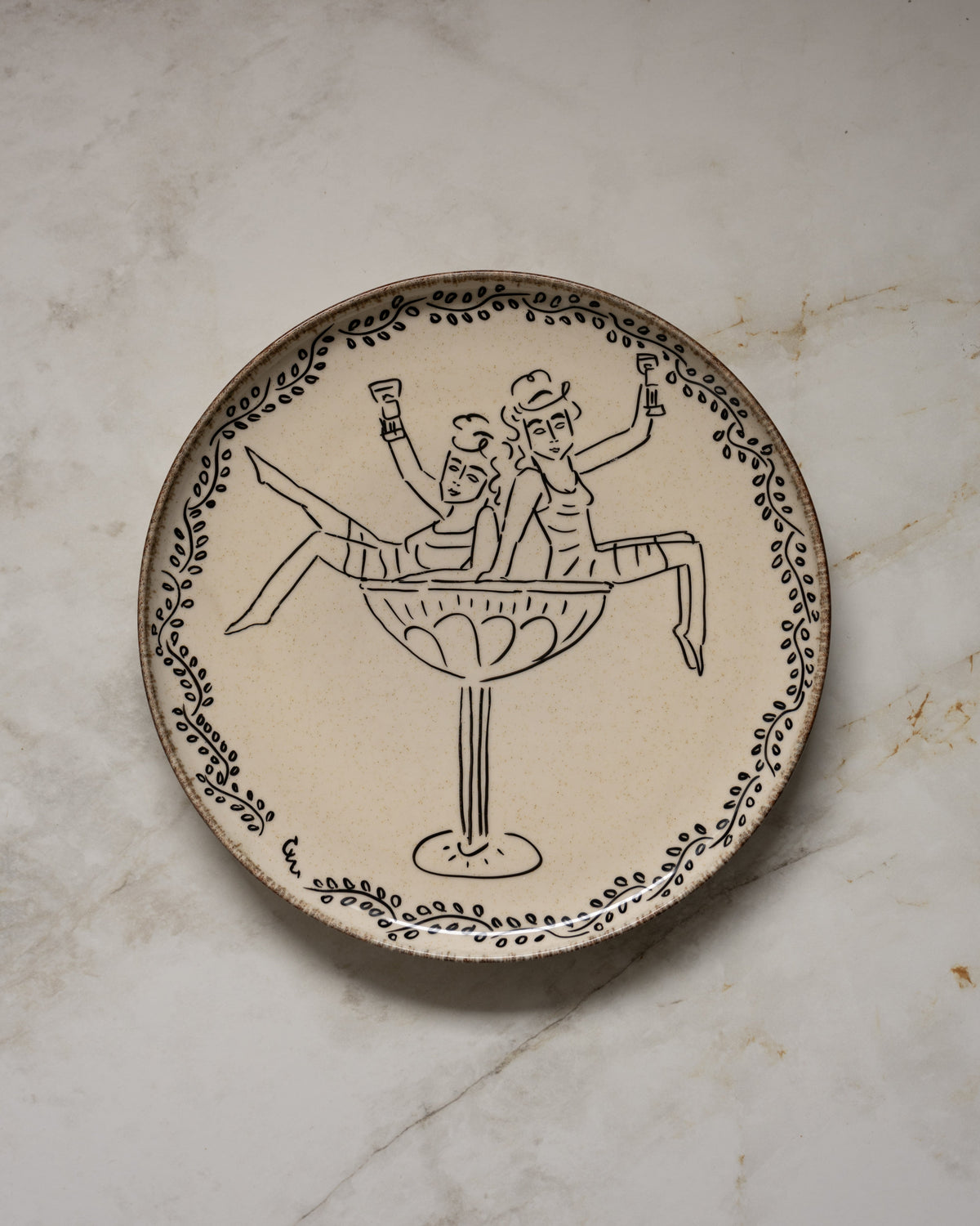 Handmade ceramic plate with Roman figures in decorative vessel motif