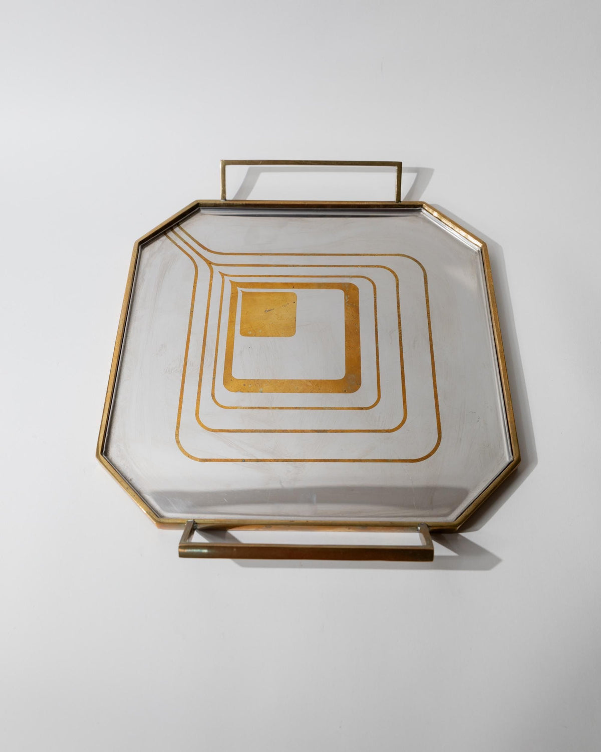 Vintage 1970s Octagonal Stainless Steel Tray, Brass Rim with Mid Century Pattern Design, Polished Serving Tray, Elegant Barware, Gift Idea — side angle