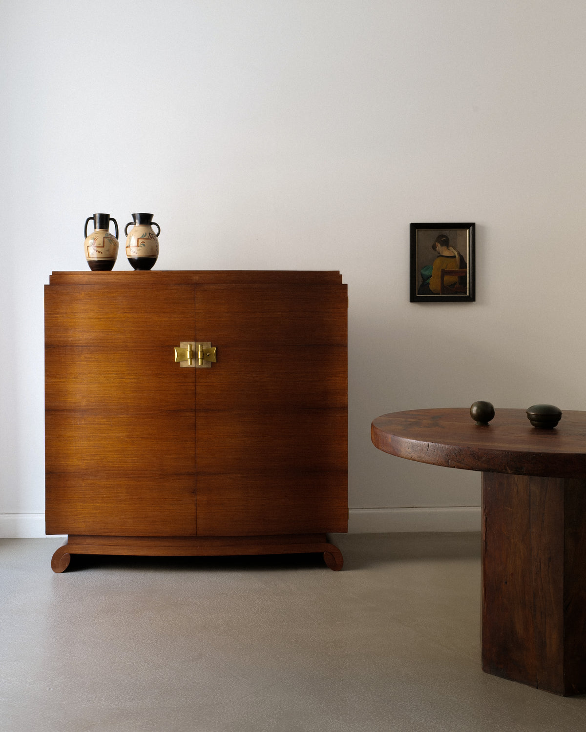 Nittsjö ceramic amphora vases styled on wooden cabinet in interior