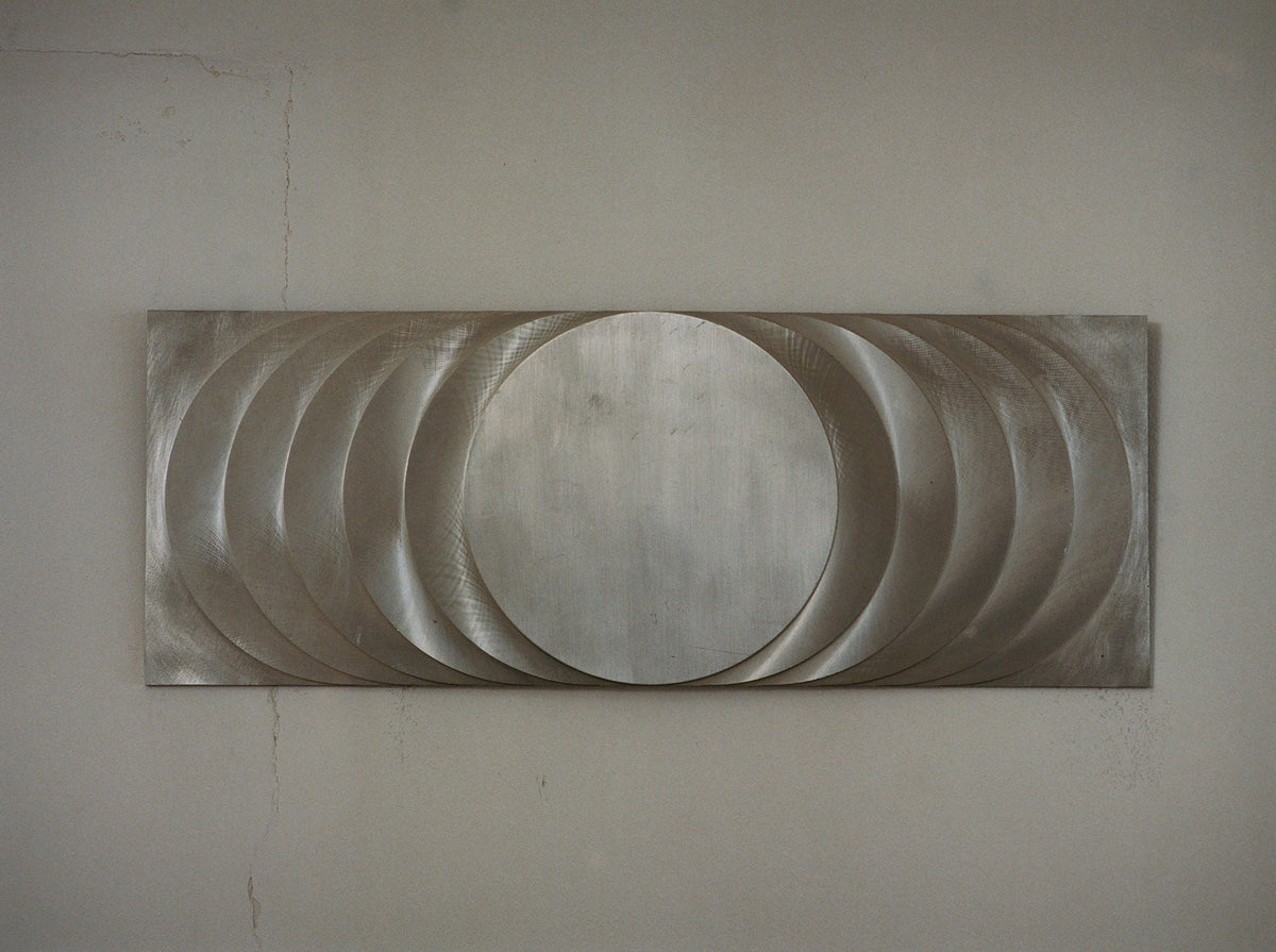 ‘The Sun’s Path' Steel Wall Sculpture By Anonymous French Artist Circa 1970 — close-up of brushed steel surface
