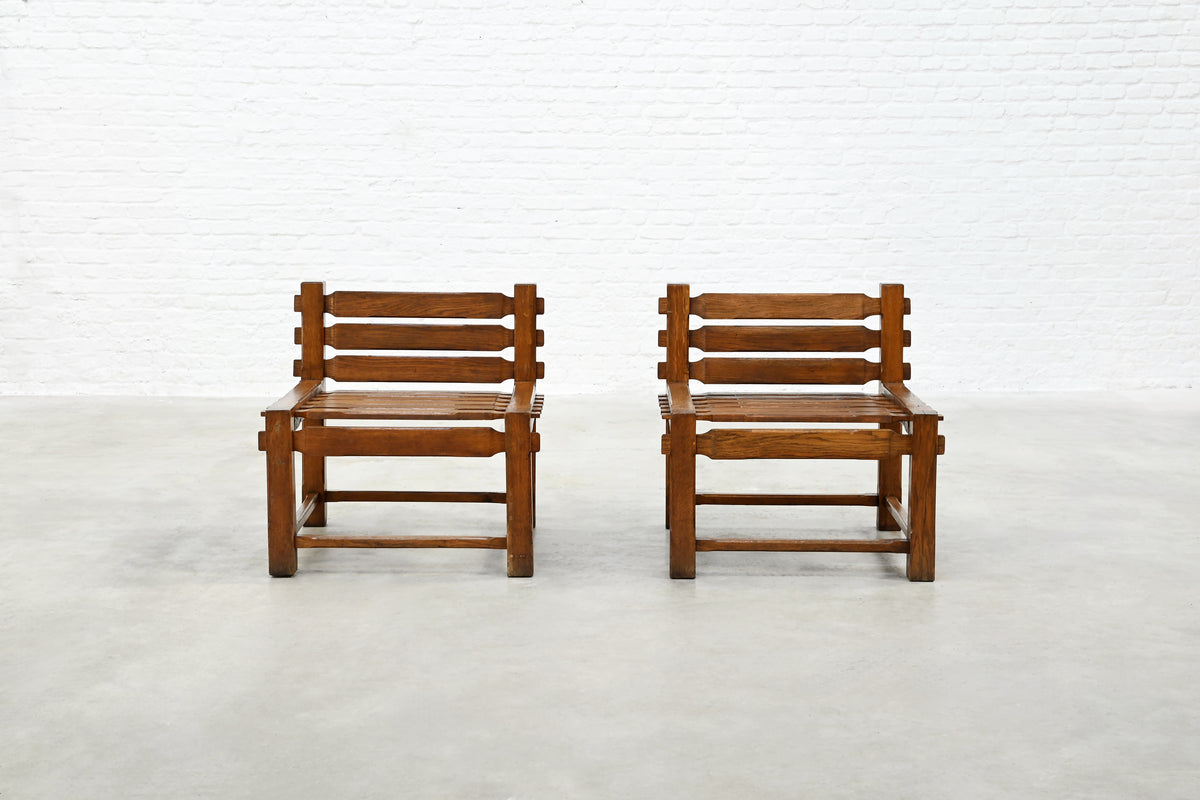 Front view of pair 1970s brutalist solid oak side chairs