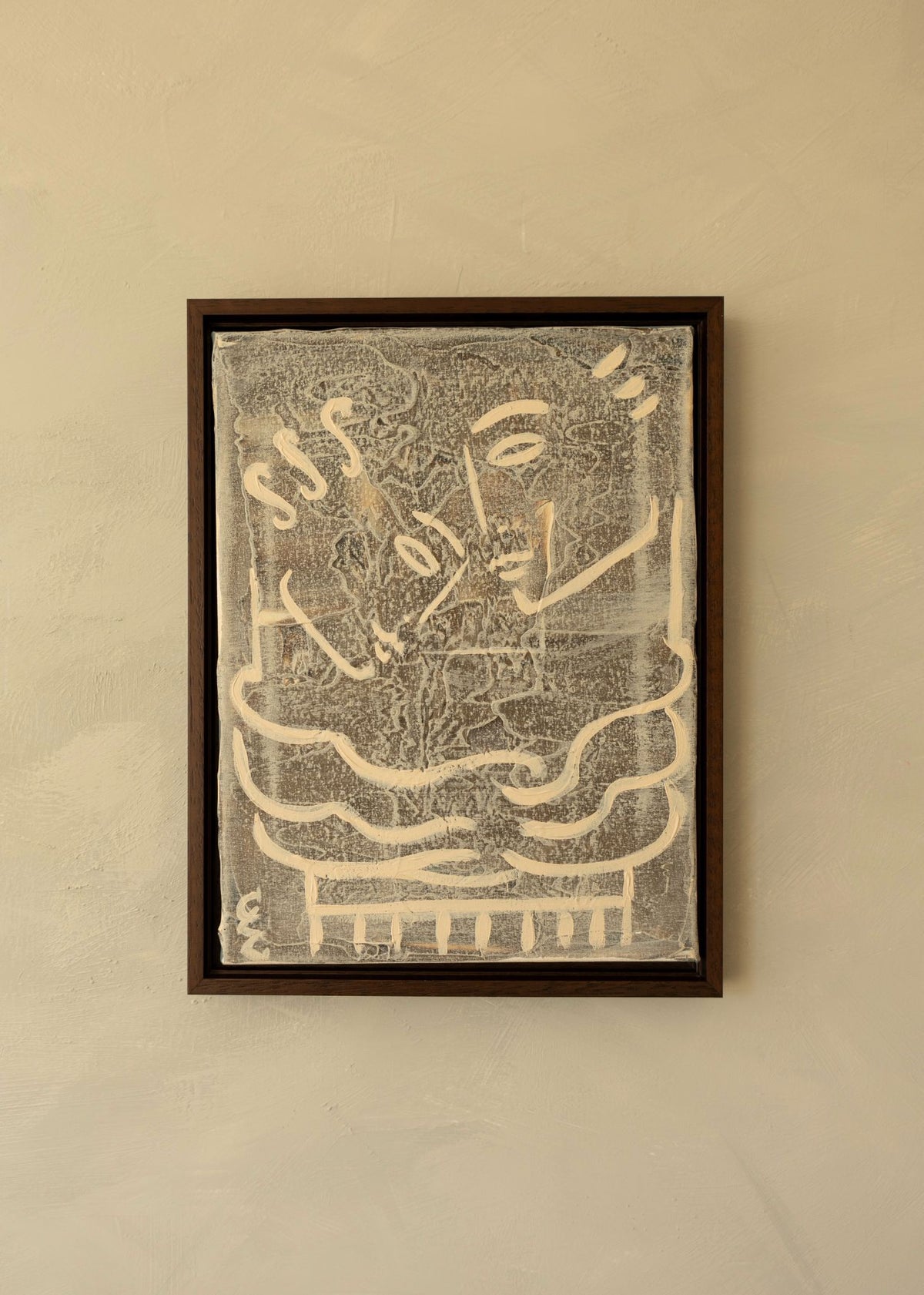 Abstract figure artwork 'The Hug' by Claire de Wolf in brown frame