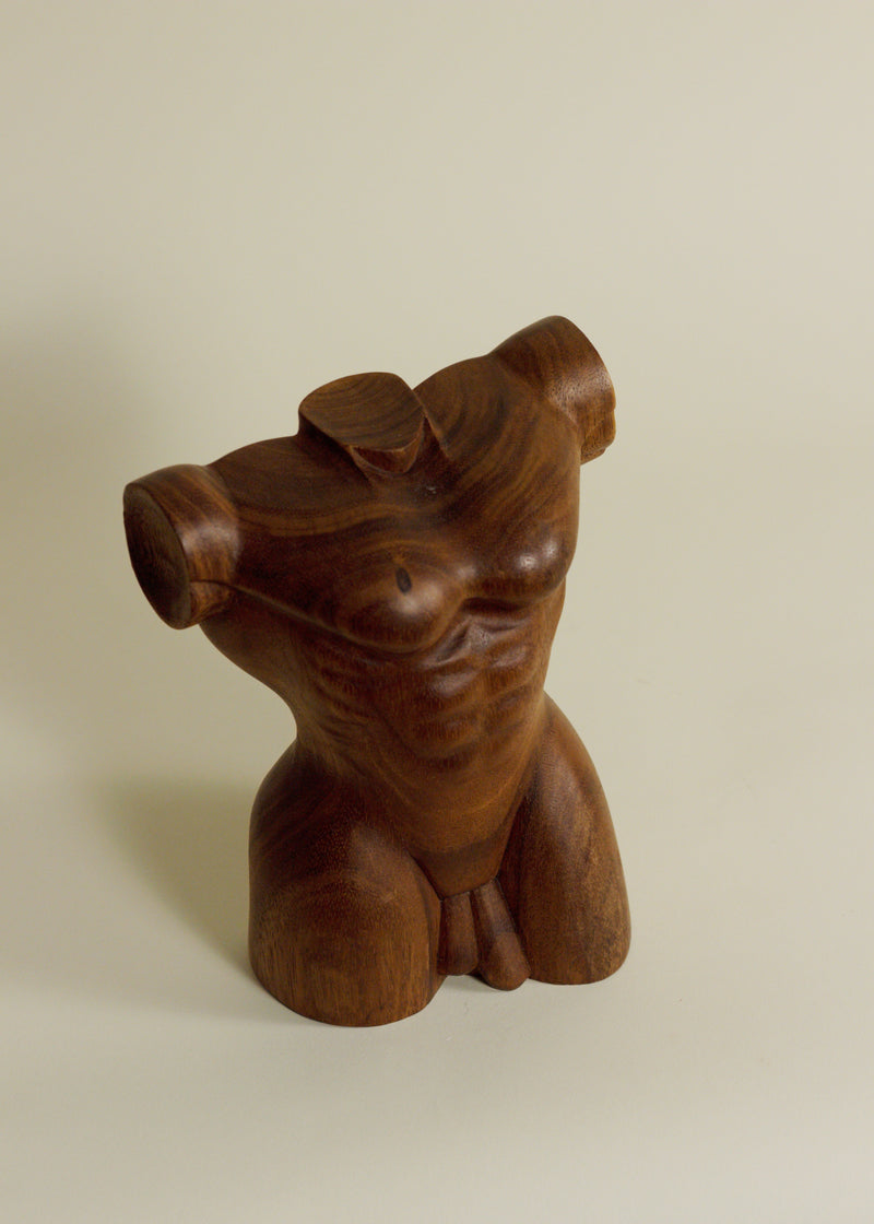 Wood Male Torso Sculpture — close-up