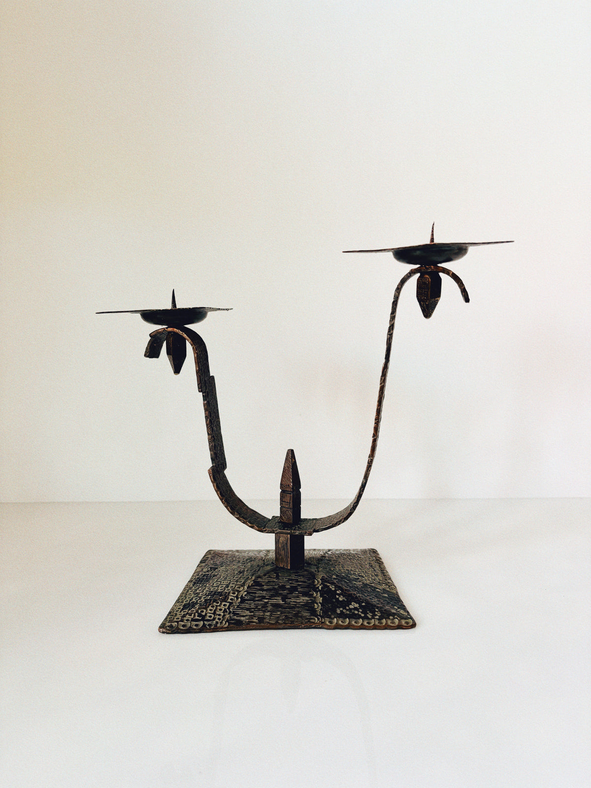 Hammered Metal 2 Arm Candlestick, Poland Mid Century by Huerto | The Oblist — handcrafted dark metal design