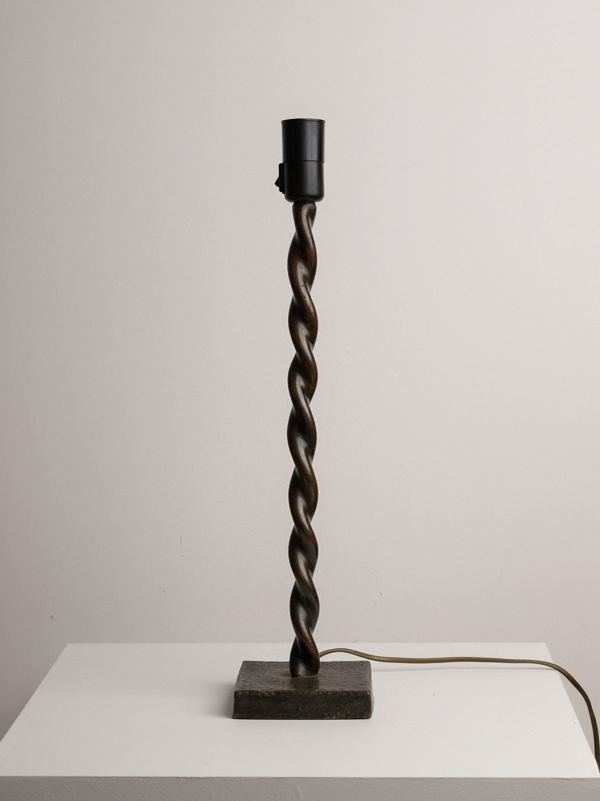 Hand-Twisted Copper Table Lamp on Hammered Plinth with Black Cone Shade, Northern European Workshop, 1960s — side angle